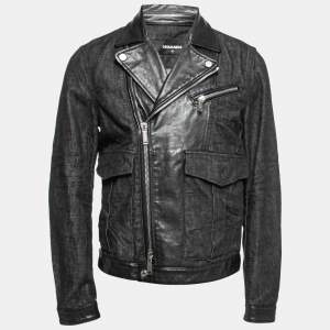 Dsquared2 Black Denim & Leather Biker Jacket L