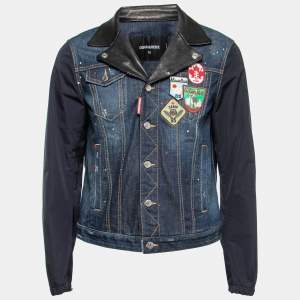 Dsquared2 Navy Blue Denim & Leather Collar Detail Jacket L