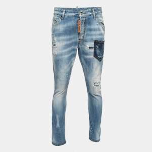Dsquared2 Blue Distressed Denim Paint Splatter Printed Jeans M Waist: 34"
