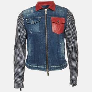 Dsquared2 Navy Blue Polka Dots Leather Trim Denim Jacket M