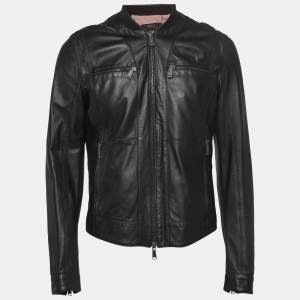 Dsquared2 Black Leather Zipper Front Jacket L