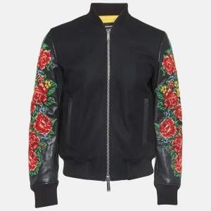 Dsquared2 Black Floral Embroidered Leather and Wool Bomber Jacket S