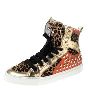 Dsquared2 Multicolor Leopard Print Calfhair and Patent Leather Studded High Top Sneakers Size 43