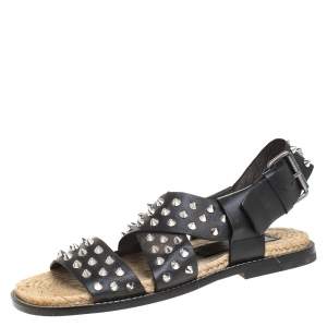 Dsquared2 Black Spiked Leather Cross Ankle Strap Espadrille Flats Size 41