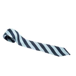 Dunhill Blue Silk Linen Striped Denim Pattern Tie 