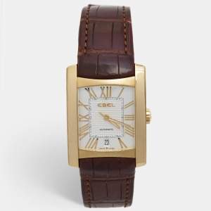 Ebel Silver 18K Yellow Gold Alligator Leather Brasilia 1215618 Men's Wristwatch 32.50 mm