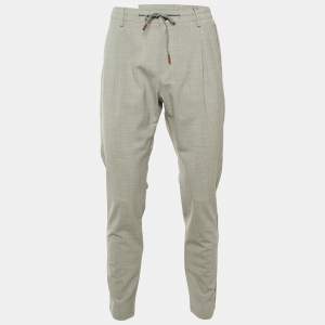 Pre Owned بنطلون إليفنتي صوف مخطط رمادي بثنيات مقاس كبير/خصر 34 بوصة