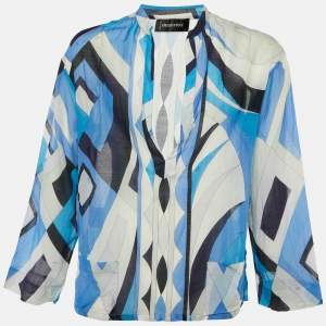 Pre Owned Emilio Pucci Blue Printed Cotton & Silk V Neck Shirt XL