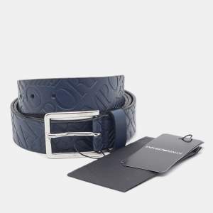 Emporio Armani Navy Blue Logo Embossed Leather Tongue Buckle Belt 105CM