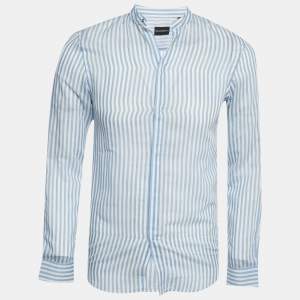 Pre Owned Emporio Armani Blue Striped Cotton Blend Madeiran Collar Shirt S