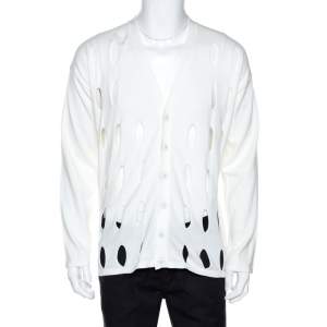 Pre Owned Emporio Armani Off White Cotton Cutout Detail Cardigan XXL
