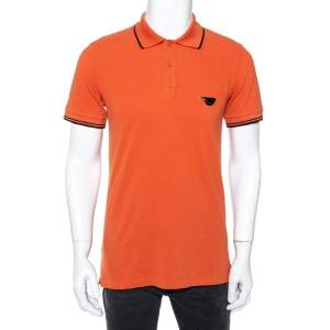 Pre Owned Emporio Armani Orange Cotton Contrast Trim Logo Patch Polo T-Shirt L