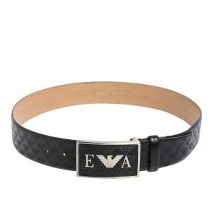 Emporio Armani Black Monogram Leather Buckle Belt Size 48