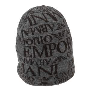 Pre Owned Emporio Armani Grey Logo Printed Wool Beanie S