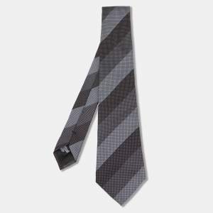 Pre Owned Emporio Armani Grey Striped Micro Jacquard Silk Tie