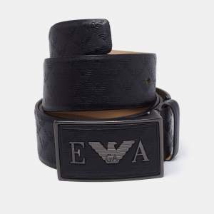 Emporio Armani Black Monogram Leather Buckle Belt