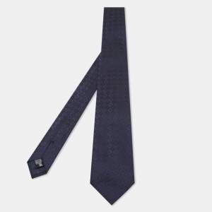 Pre Owned Emporio Armani Dark Blue Logo Embroidered Silk Tie