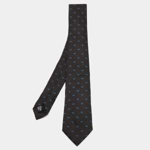 Pre Owned Emporio Armani Black/Blue Logo Silk Jacquard Tie