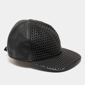 Pre Owned Emporio Armani Black Leather Cutout Baseball Cap S