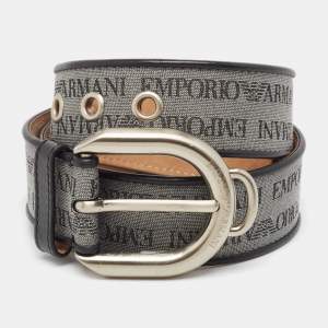 Emporio Armani Grey/Black Logo Print Fabric and Leather Buckle Belt 