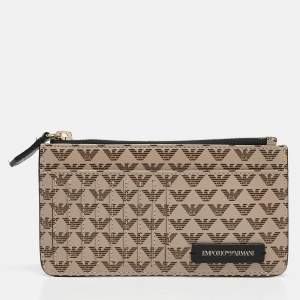 Emporio Armani Beige Signature Leather and PVC Zip Card Holder