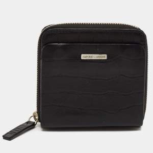 Emporio Armani Black Croc Embossed Leather Zip Around Compact Wallet