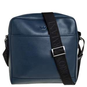 Emporio Armani Blue Leather Messenger Bag
