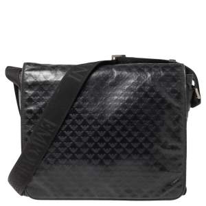 Emporio Armani Black Logo Embossed Leather Messenger Bag 