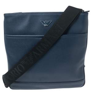 Emporio Armani Blue Leather Messenger Bag