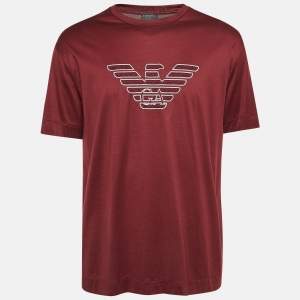 Pre Owned Emporio Armani Burgundy Logo Embroidered Jersey T-Shirt XXXL