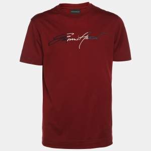 Pre Owned Emporio Armani Burgundy Jersey Signature Logo Embroidered T-Shirt XL