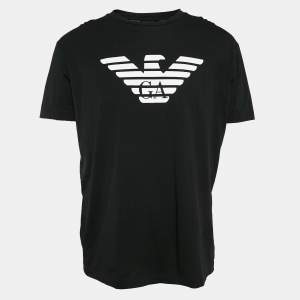 Pre Owned Emporio Armani Black Logo Print Cotton Crew Neck T-Shirt XXL