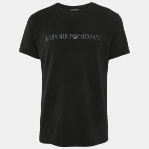 Pre Owned Emporio Armani Black Logo Print Jersey T-Shirt L