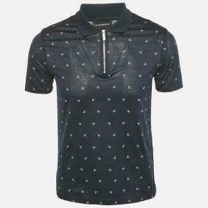 Emporio Armani Navy Blue Logo Print Cotton Zip -Up Polo T-Shirt S
