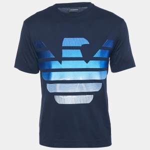 Pre Owned Emporio Armani Navy Blue Logo Embroidery Cotton Crew Neck T-Shirt S