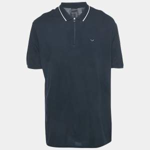 Pre Owned Emporio Armani Navy Blue Logo Embroidered Cotton Zip Up Polo T-Shirt XXXL