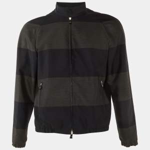 Pre Owned Emporio Armani Black Striped Wool & Cotton Zip Up Jacket L