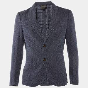 Pre Owned Emporio Armani Navy Blue Square Pattern Cotton Button Front Jacket M
