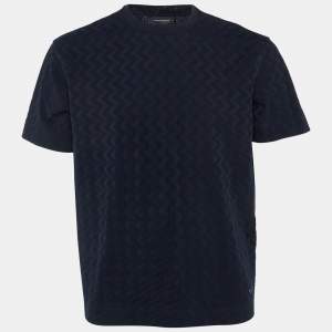 Pre Owned Emporio Armani Midnight Blue Zig Zag Pattern Cotton Crew Neck T-Shirt XL