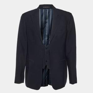 مملوكة مسبقًا جاكيت بليزر أمبريو أرماني صوف أزرق بحري منقط بتفصيل صدر كبير جداً - اكسترا اكسترا لارج