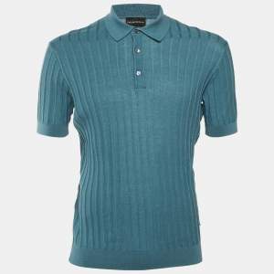 Pre Owned Emporio Armani Slate Blue Ribbed Knit Polo T-Shirt L