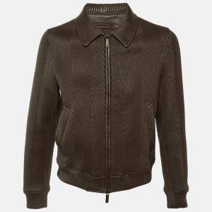 Pre Owned سترة جلد مبطن بسحاب أمامي بني إمبريو أرماني مقاس وسط (ميديوم)