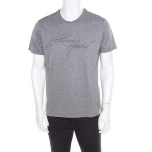 Pre Owned Emporio Armani Grey Logo Embroidered Cotton Jersey Crew Neck T-Shirt L 