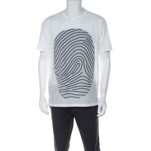 Pre Owned Emporio Armani White Cotton Blend Fingerprint Printed V Slit Neck T-shirt M