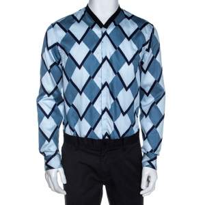 Pre Owned Emporio Armani Blue Geometric Printed Cotton Long Sleeve Shirt M