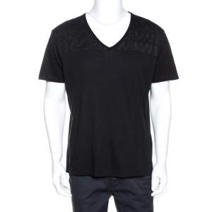 Pre Owned Emporio Armani Black Logo Print Cotton V Neck T-Shirt L