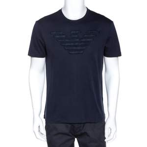 Pre Owned Emporio Armani Navy Blue Cotton Mesh Logo Detail T Shirt XL 