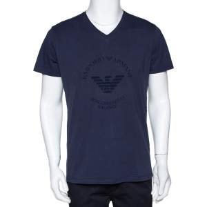 Pre Owned Emporio Armani Navy Blue Logo Borgonuovo Print Cotton T-Shirt XXL
