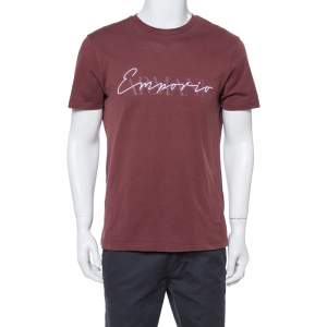 Pre Owned Emporio Armani Maroon Cotton Logo Detail Crew Neck T-Shirt L
