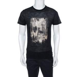 Pre Owned Emporio Armani Charcoal Grey Knit Abstract Gold Foil Print T Shirt L